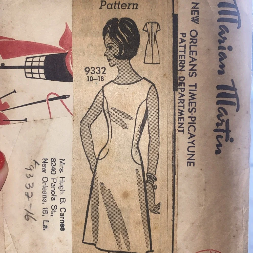 Vintage Marian Martin 9332 Misses Dress Sewing Pattern Size 16 Cut 1960s